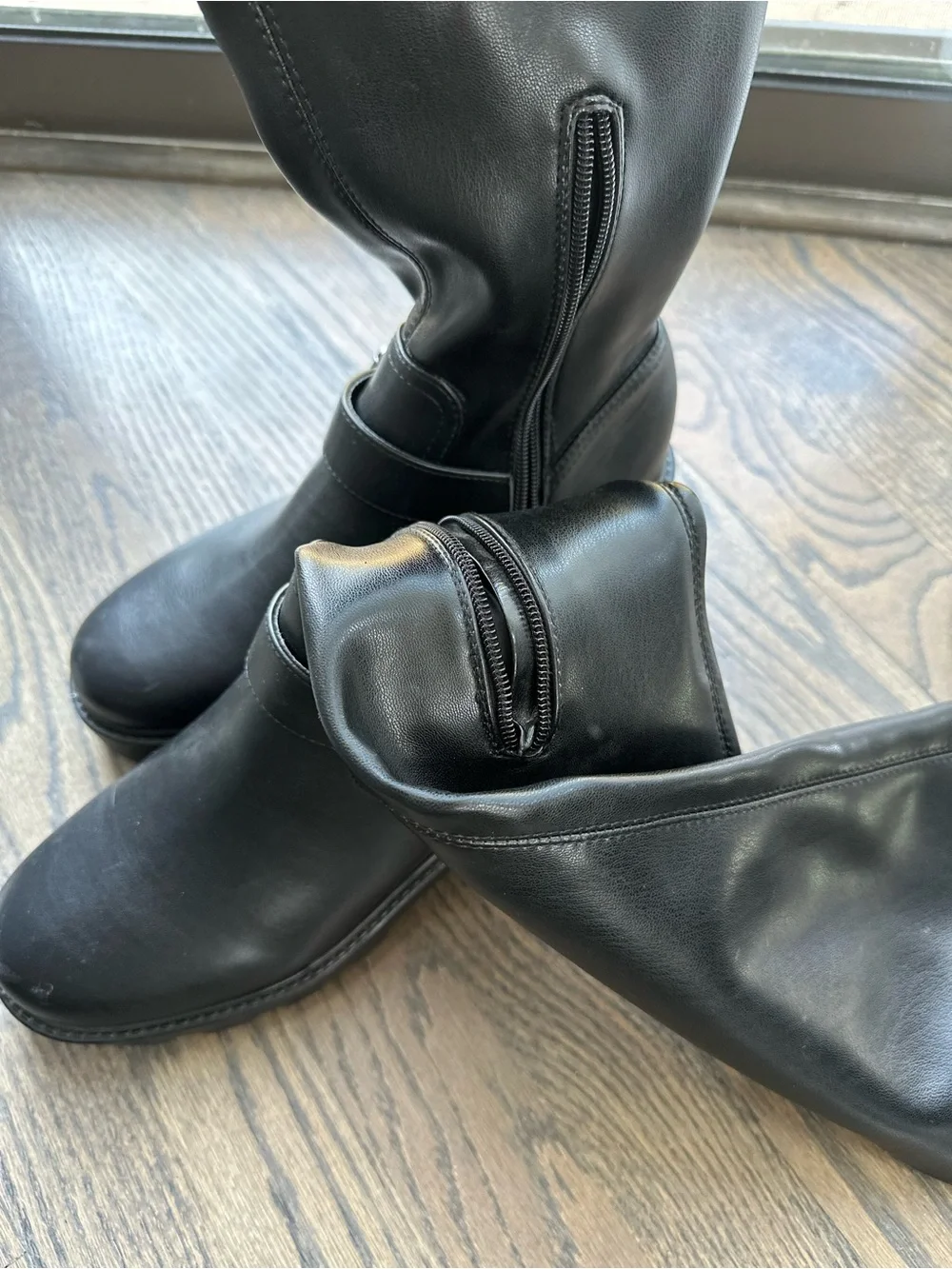 Nine West Black Lug-Sole Knee Boots with Buckle Accent